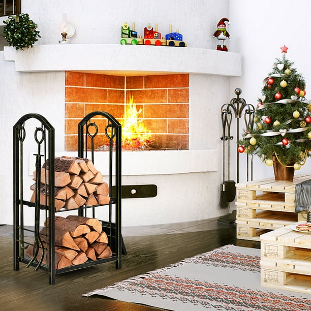 Topbuy Fireplace Log Rack with 4-Piece Fireplace Tools Wrought