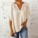 thumbnail image 3 of Blusa holgada con cuello en V y manga corta acampanada, color puro, plisada, para mujer, verano, beige, S, 3 of 6