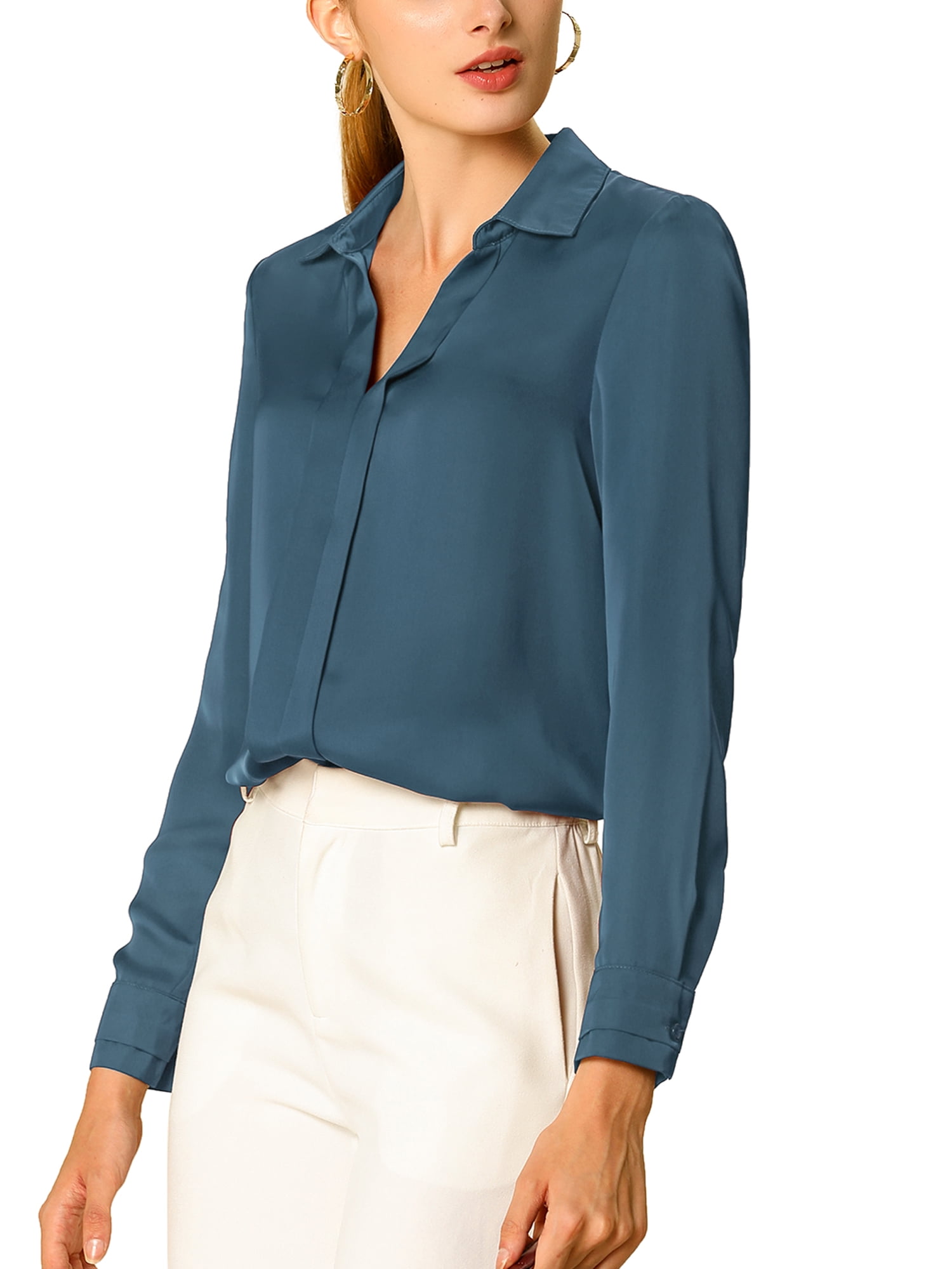 DARING DIVA Women's V Neck Classic Work Office Long Sleeve Shirt L Gray Blue