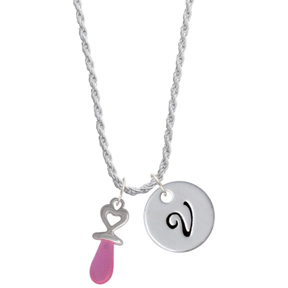 Delight Jewelry Silvertone 3-D Pink Baby Pacifier Silvertone Script Initial Disc - V - Charm Necklace, 20"+3"