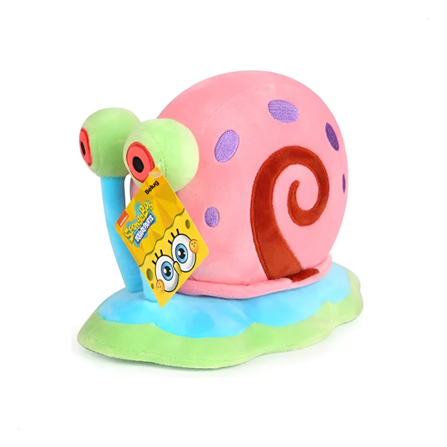 peluche gary caracol de bob esponja 22 cm belug rosa peluche infantil de Gary de 22 cm con caparazón rosa con espiral y puntos morados, cuerpo y base azul y verde, ojos salientes verdes con pupilas rojas y etiqueta de Bob Esponja; felpa suave y tamaño ideal para niños.