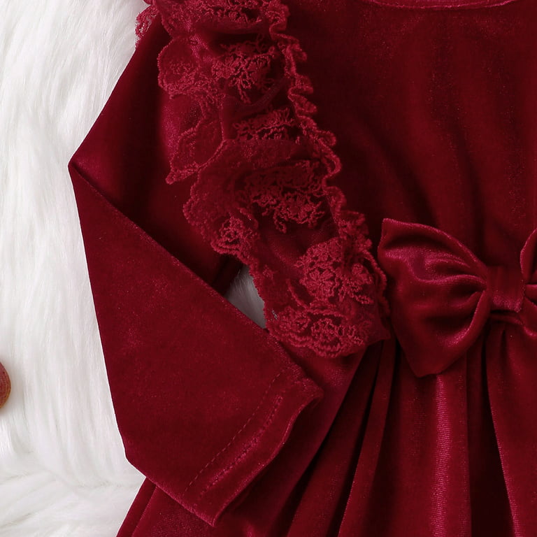 Long Sleeve Vintage Red Velvet Dresses for Women 2021 Christmas Party Dress  Elegant Lace O-Neck Sweet Dress High Quality