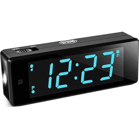 Digital Alarm Clock Battery Operated Night Visiable with Hybrid LED/LCD Time Display, Emergency Flashlight, Small Travel Clock for Bedroom Bedside (Blue Display)