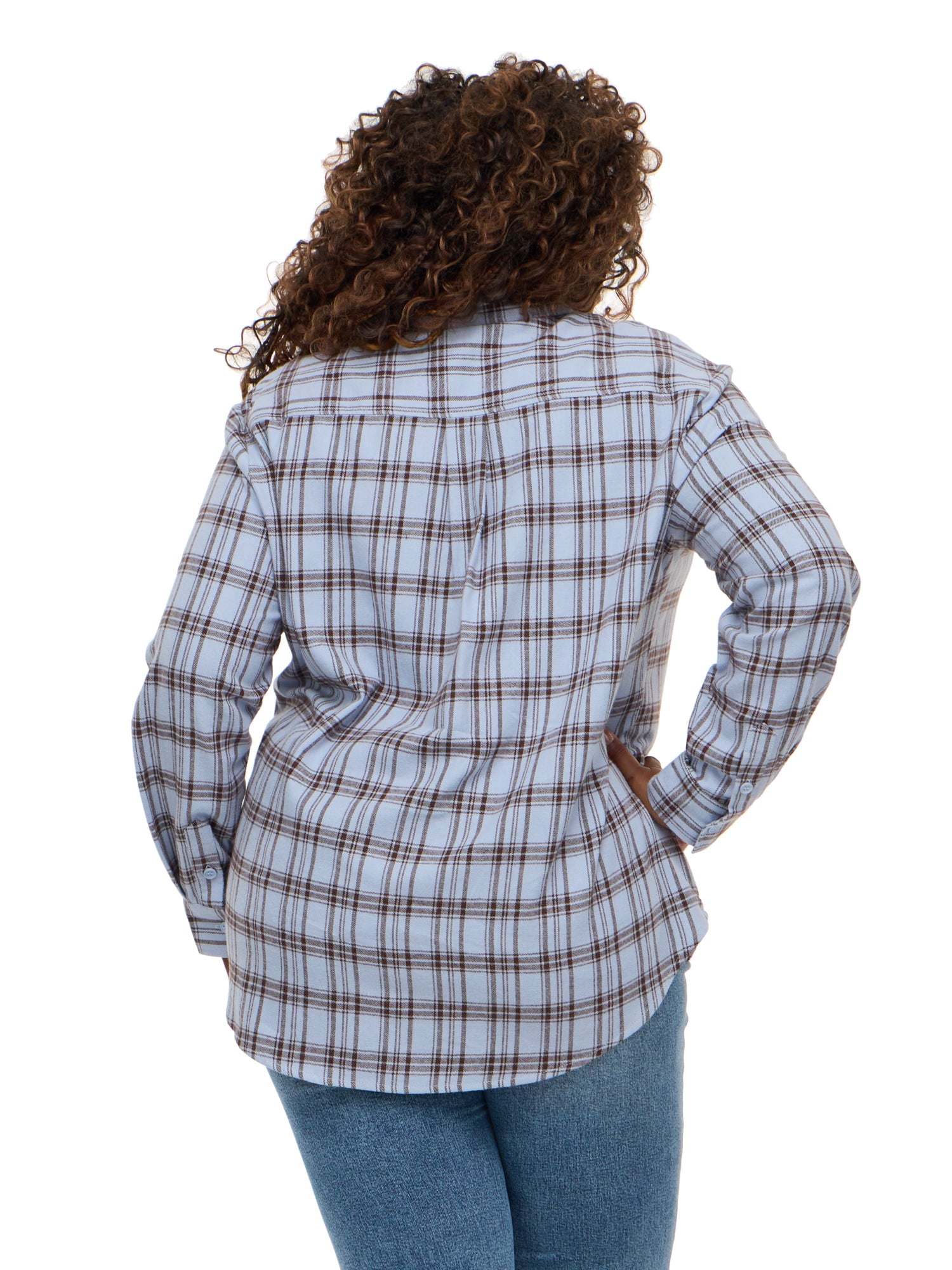 Forever 21 Women's Oversized Plaid Brushed Flannel Shirt with Patch Pockets, Long Sleeve 100% Cotton, Blue Plaid, XXS-4X