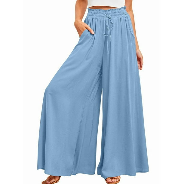 Pantalones Casuales de Cintura Alta para Mujer, de Color Liso, Largos y Anchos, con Bolsillos, para y Otoño. Azul XXL