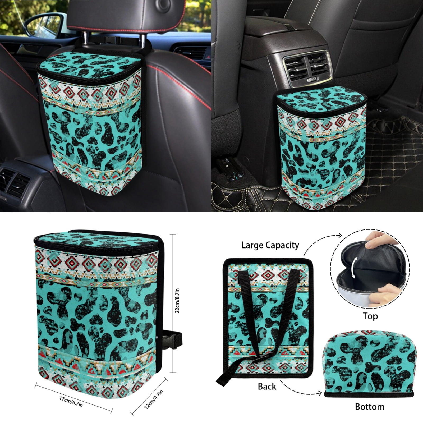 Garronmavis Aztec Cow Print 15 PCS Car Seat Cover Full Set 4 Pieces Car Seat Covers Steering Wheel Cover Keychain Car Trash Can Car Dash Accessories Auto Rear View Mirror Covers Cup Mats