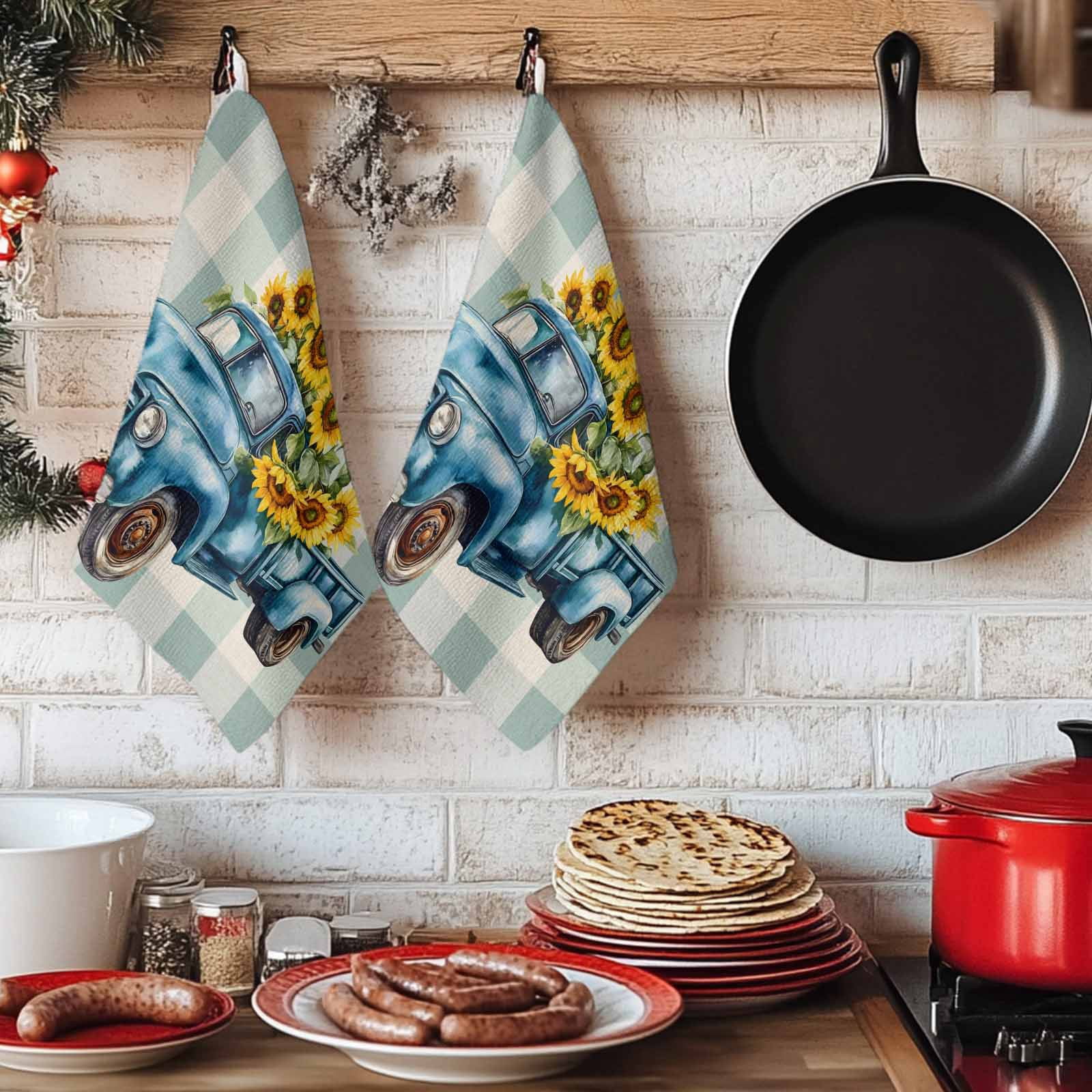 Blue Truck Yellow Sunflower Kitchen Towels Set of 2, Summer Teal Plaid Vintage Soft Microfiber Dish Towels, Absorbent Quick-Dry Washable Dishcloths for Kitchen Cleaning, Drying Dishes, 18x28 Inches