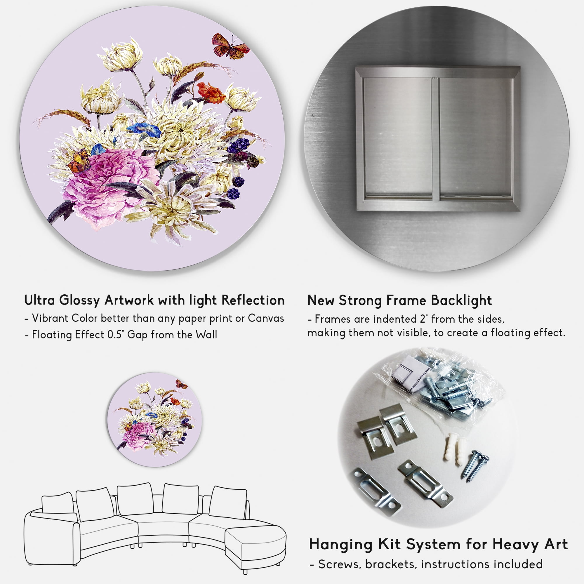 Designart 'Ancient Chrysanthemums With Bouquet I' Traditional Circle Metal Wall Art 29x29 - Disc of 29