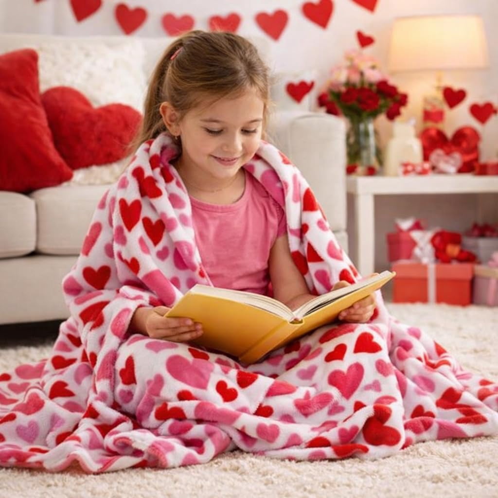 Serafina Home Hearts Throw Blanket: Contemporary Pink and Red Hearts, Microfiber Fleece Velour, Accent for Couch Sofa Bed (Pink Red Hearts)