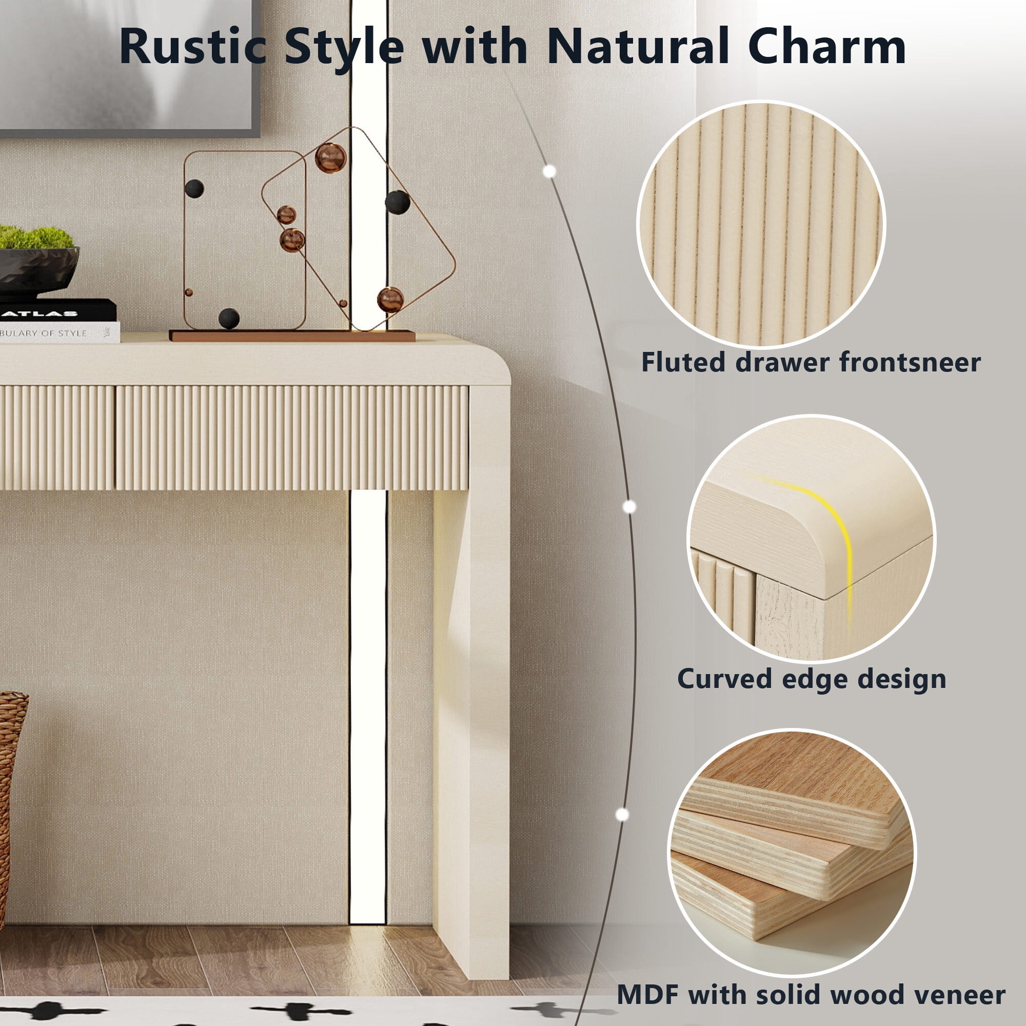 Euroco 52.9" Fluted Console Table with 3 Drawers,Solid Wood Narrow Long Entryway Table for Living Room Foyer Hallway,Apricot
