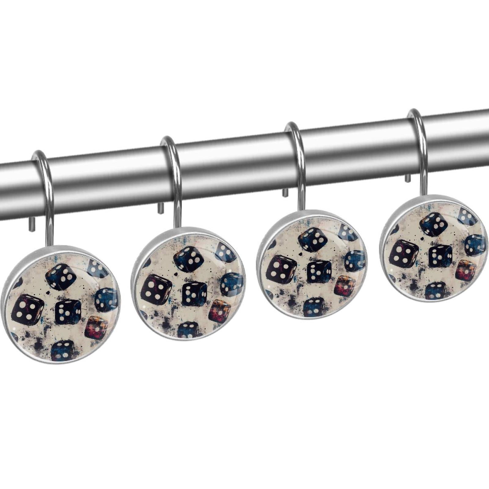 Grunge Casino Dices Shower Curtain Hooks Round Crystal Glass, Set of 12 Shower Curtain Rings - Shower Hooks for Curtain Shower Rings