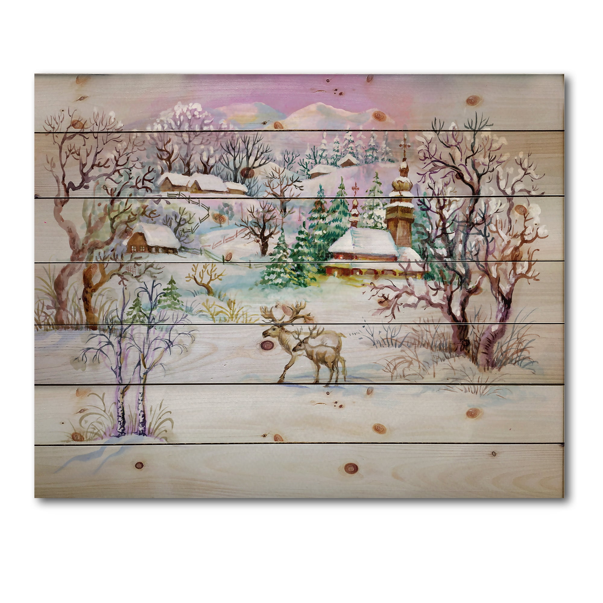 Designart 'Winter VIllage Life Landscape' Traditional Print on Natural Pine Wood