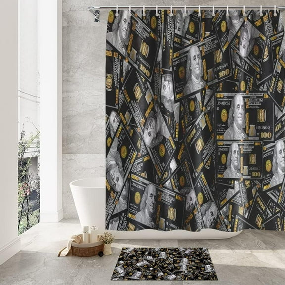 Funny Cool Money Shower Curtains set for Mens Bathroom Accessories Set Black Gold 100 Dollar Bills Non Slip Bathroom Rugs Toilet Lid Cover Money Bath Mat Money Curtains Bathroom Money Decor