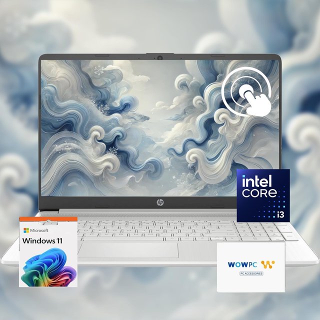 hp newest pavilion 15.6 touchscreen laptop with 12 months microsoft • 40gb ram • 1tb storage (512gb ssd + 512gb external hd) • intel core 6-core cpu • upto 12 hours battery • w/wowpc bundle • win 11 Portátil táctil HP Pavilion 15.6" en plata, vista frontal con pantalla microborde antirreflejo abierta y teclado integrado; cámara HD centrada, parlantes sobre el teclado y fondo abstracto en pantalla. Insignias indican Intel Core i3 de 6 núcleos, 40 GB RAM y 1 TB (512 GB SSD + 512 GB disco externo). Ideal para tareas multitarea, videollamadas y uso diario; a menudo usado como estación de trabajo portátil para estudio o creación ligera de contenidos.