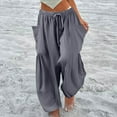 thumbnail image 2 of Cotton Wide Leg Pants for Women Plus Size Linen High Waisted Elastic Waist Drawstring Trousers Vacation Ankle Length Bohemian Gaucho Pantswith Pockets Gray XXL, 2 of 9
