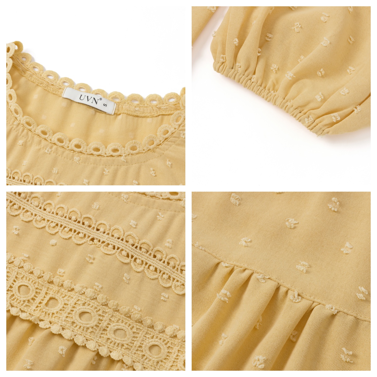 UVN Women's Fall Lace Crochet Crew Neck Blouse, Yellow photo 5
