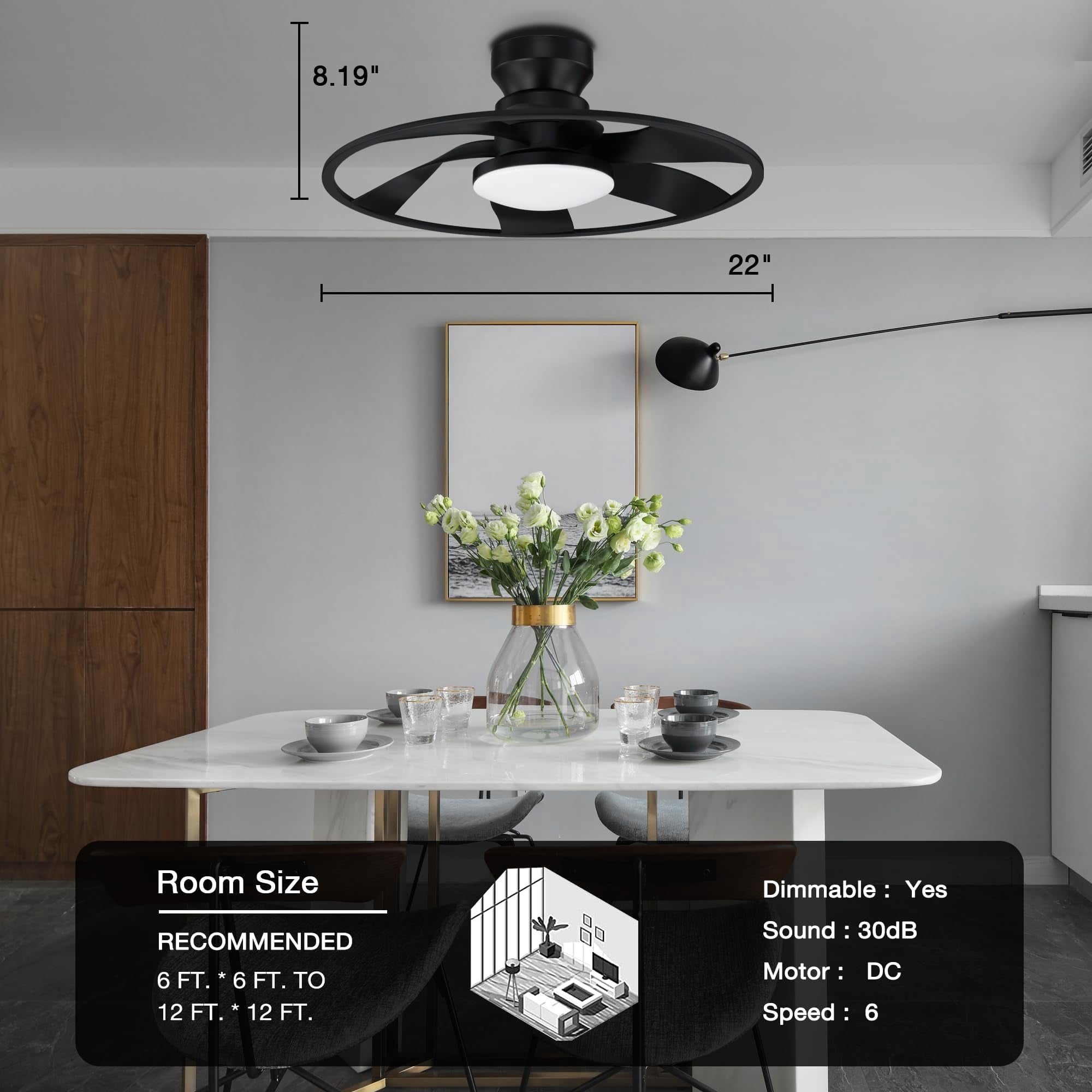 22" Smart Low Profile Ceiling Fans with Lights Remote,Quiet DC Motor,Bladeless Flush Mount Ceiling Fan Controlled by WiFi Alexa App,Modern Black for Small Indoor Bedroom Outdoor Patio