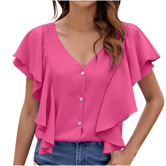 ShomPort Summer Fashion Ruffle Sleeve Shirts for Women Elegant V-Neck Button down Work Blouses Tops