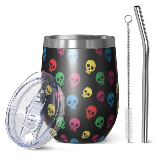 12oz Stemless Wine Tumblers Black Colorful Skull Pattern Vacuum Insulated Stainless Steel Travel Tumbler Cups Mug with Lid and Straw for Champaign,Cocktail,Beer with Cleaning Brush