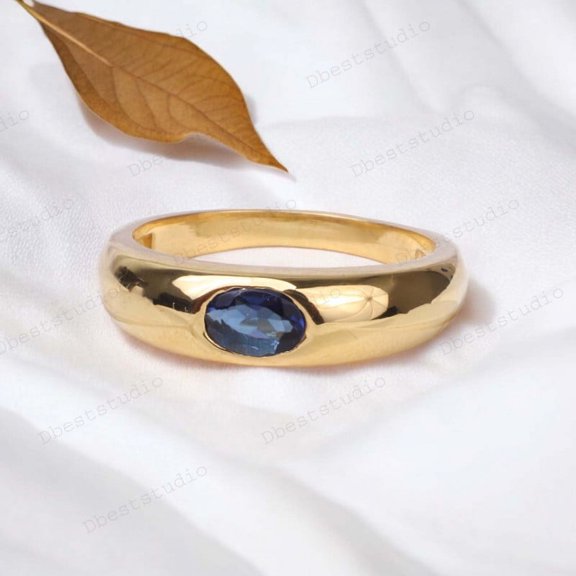 Oval Cut Sapphire Solitaire Ring Bezel Set Stacking Ring Anniversary Stacking Gift For Women September Bithstone Handmade Ring Yellow Gold Jewelry