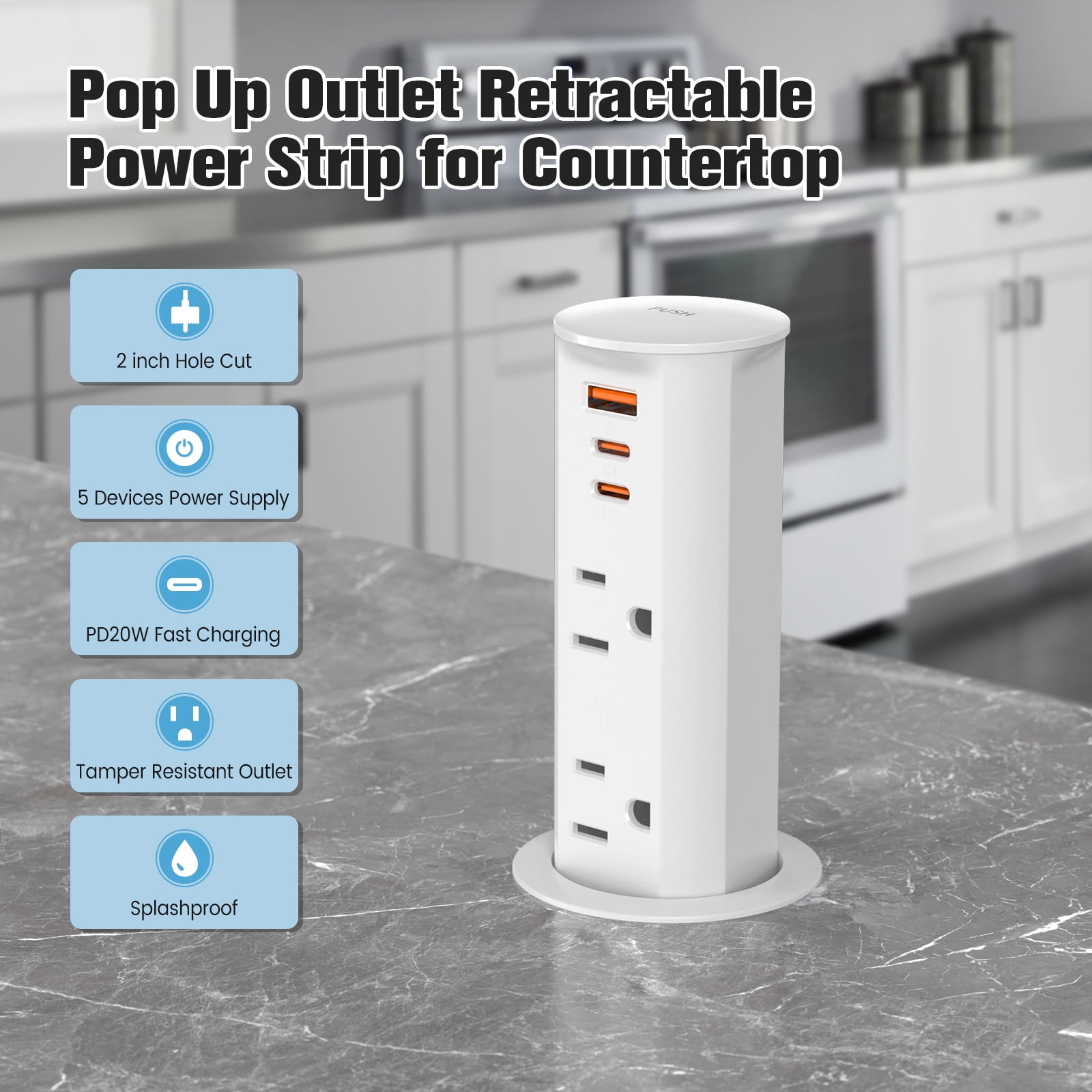VILONG Pop up Outlet for Countertop with 20W USB-C Fast Charging Station, Recessed Power Strip– for Kitchen Island,Office Desk, ETL Listed (White)
