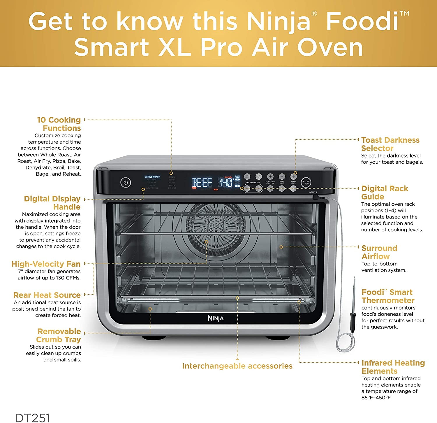  Ninja DT251 Foodi 10-in-1 Smart XL Air Fry Oven, Bake, Broil,  Toast, Roast, Digital Toaster, Thermometer, True Surround Convection up to  450°F, includes 6 trays & Recipe Guide, Silver : Everything