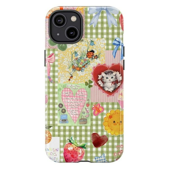 Grandmacore Gingham Collage Phone Case, Retro Bow Kitten Strawberry Protective Cover for iPhone 17 16 15 14 13 12 11 Pro Plus Mini