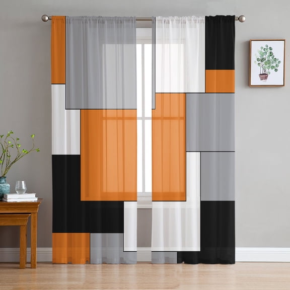 Abstract Geometric Art Semi Sheer Curtains 63 Inch Length 2 Panels Set, Orange Black Gray Sheer Kitchen Curtain Privacy Voile Window Curtain for Living Room Bedroom Rod Pocket Drapes