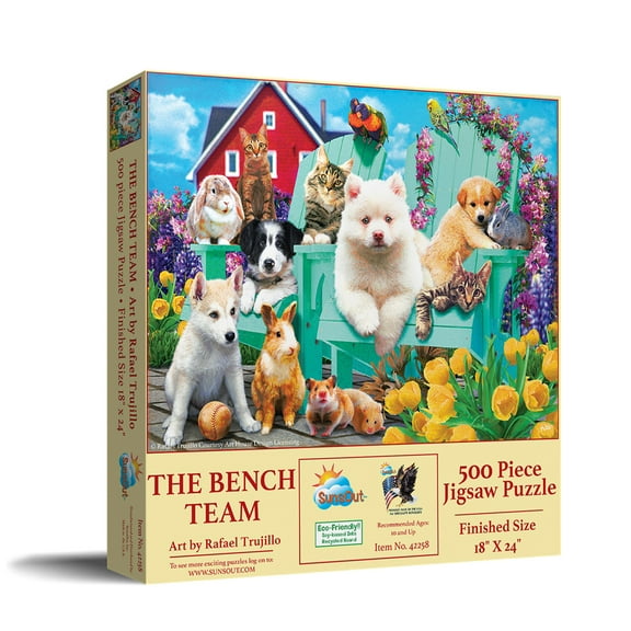 SUNSOUT INC - The Bench Team - 500 pc Jigsaw Puzzle by Artist: Rafael Trujillo - Finished Size 18" x 24" - MPN# 42258