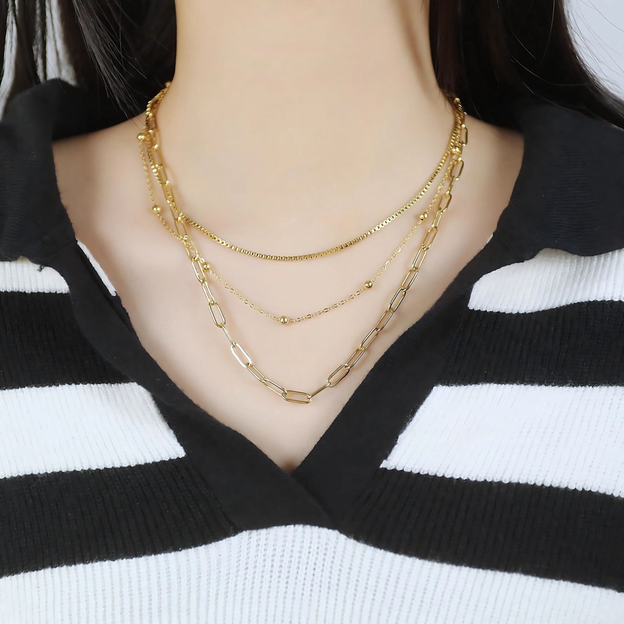 Layered Chain Necklace for Women by Ginger Lyne Gold Plated Stainless Steel Box Bead and Paperclip Chains