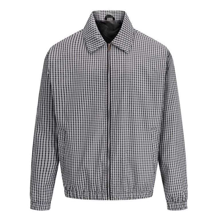 JTSRKL Mens Fine Check Lapel Jackets Collared Full Zip Long Sleeve 