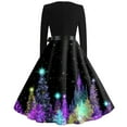 thumbnail image 3 of Women's Christmas Print Flare Dress with Snowflake, Christmas Tree and Snowman Pattern, Long Sleeve Round Neck Vintage Party Dress with "Merry Christmas",Purple,Size XL, 3 of 4