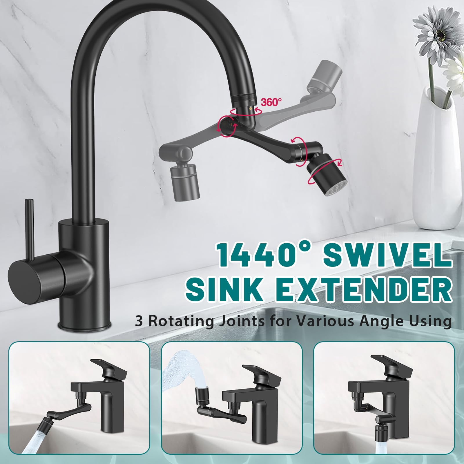 1440° Rotating-faucet-extender Sink Aerator - 1080°+360° Large-angle Splash Tap Extension With 2 Water Outlet  Swivel Multifunctional Robotic Arm For Kitchen/bathroom Black