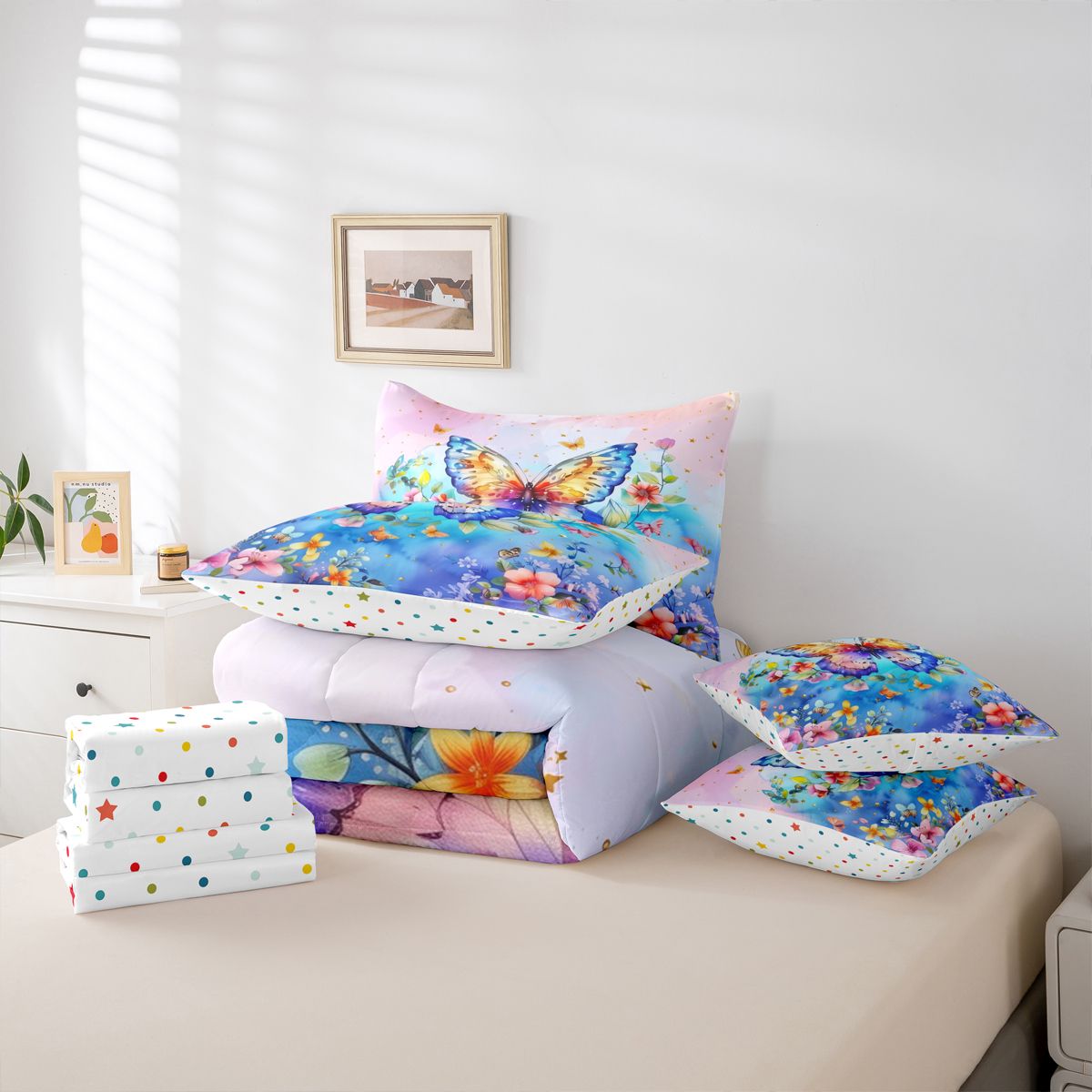Homewish Cartoon Butterflies 7pcs Bedding Comforter Set,Rustic Plant Flowers Queen Bedding Sets,Blue Pink Queen Sheet Sets For Girl Teens,Breathable Home Decor Reversible
