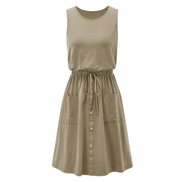 Robes d'Été pour Femmes Couleur Unie Col Rond Sans Manches Bouton Robe Ample avec Poche Robes de Plage Sans Manches pour Dames