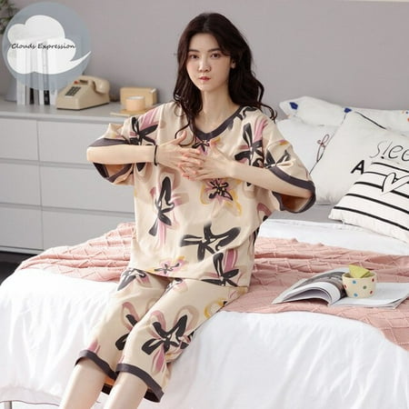 

QWZNDZGR Summer Knitted Cotton Cartoon Pajamas Sets Women Pyjamas Sleepwear Nightwear Pijama Mujer Plus Size Calf-Length Pants Homewear