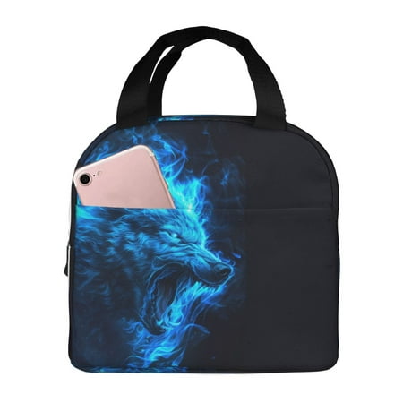 Insulated Lunch Bag for Women Men - Blue Fire Wolf Leakproof Cooler Lunch Box for Women Men  Lunch Tote Bags for Work School Picnic Travel