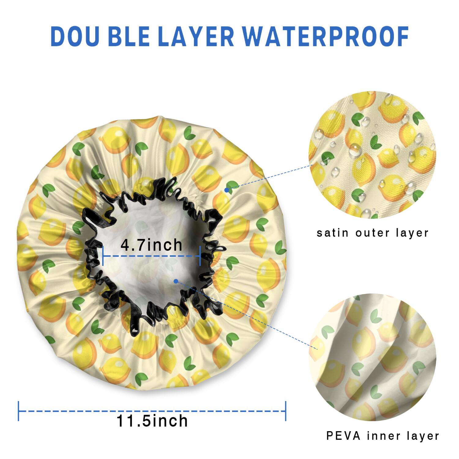 Shower Caps,Yellow Lemon Fruit Leaves Beige Pattern Waterproof Shower Cap for Women 4 Pieces,Double Reusable Hair Cover for Shower PEVA Elastic Stretch Hem