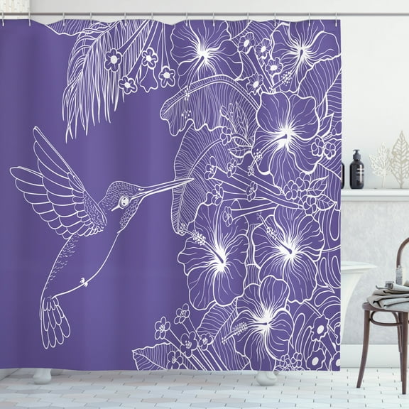 Botanical Shower Curtain, Spring Themed Graphic with Outline Tropic Flora and Hummingbird, Fabric Bathroom Set with Hooks, 69W X 75L Inches Long, Dark Violet and White, by Ambesonne
