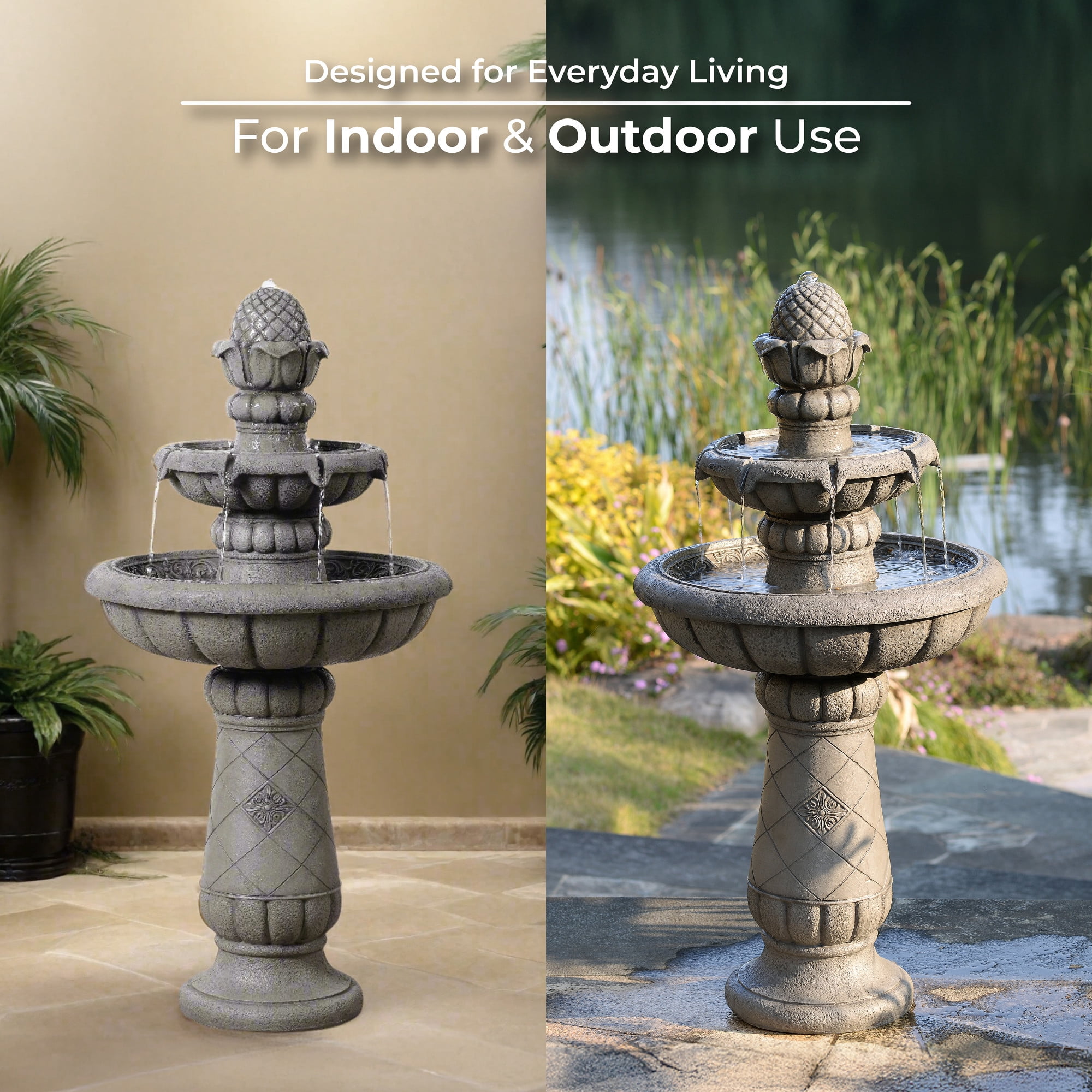 Teamson Home 2-Tier Birdbath Water Fountain Outdoor Garden–Shallow Basin with Built-In Electric Pump & Simple Setup, Gray