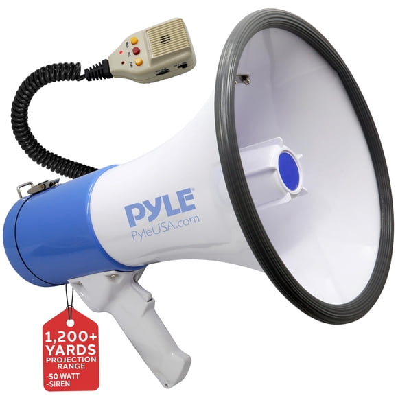 Pyle Mégaphone PA Bullhorn Haut-Parleur - Sirène Intégrée 50 Watts Batterie Rechargeable - Fonction Enregistrement 10 Secondes pour Fans de Football Baseball Basketball Cheerleading Entraîneurs
