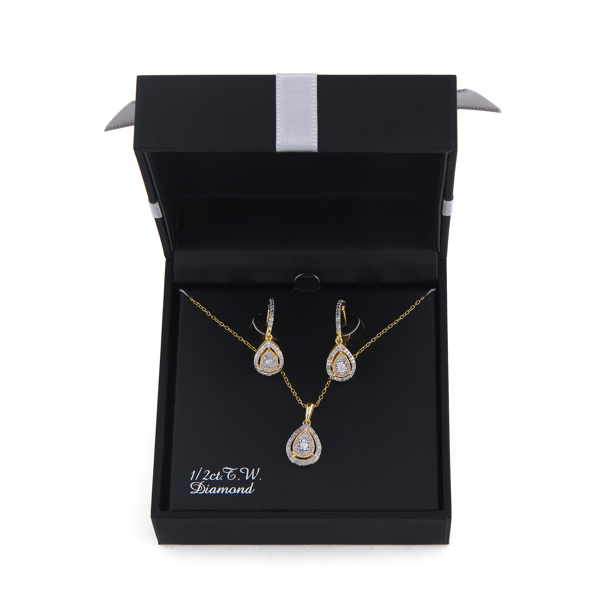 1/2 Carat T.W Sterling Silver Yellow Drop Shape Earrings and Pendant 2 Pcs set.