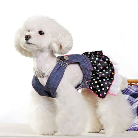 Pet Dog Jean Dresses Puppy Costume Clothes Handmade Sequins Heart Lace Skirt Hemline