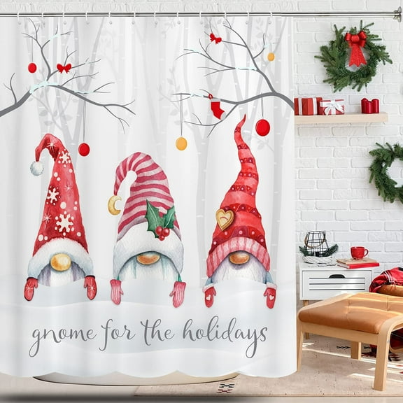 Christmas Shower Curtain for Bathroom, Cute Christmas Gnome Snowflake Winter Rustic Forest Shower Curtain Set, Xmas Holiday Farmhouse Fabric Shower Curtain Bathroom Accessories with Hooks 70X70IN