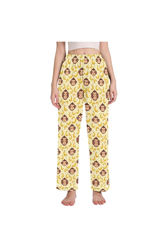 Women Cartoon Monkey Bananas Pajamas Pants Lounge Bottoms Pjs with Pockets L