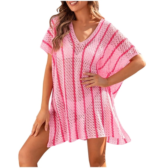 Xuhomer Beach Cover Ups for Women Sprited Knitted Hollow Short Sleeve V-Neck Split Summer Cover Up Bikini Swimsuits Bathing Suits Loose Sunscreen Cover Swimsuit Cover-up Dress Pink Free Size