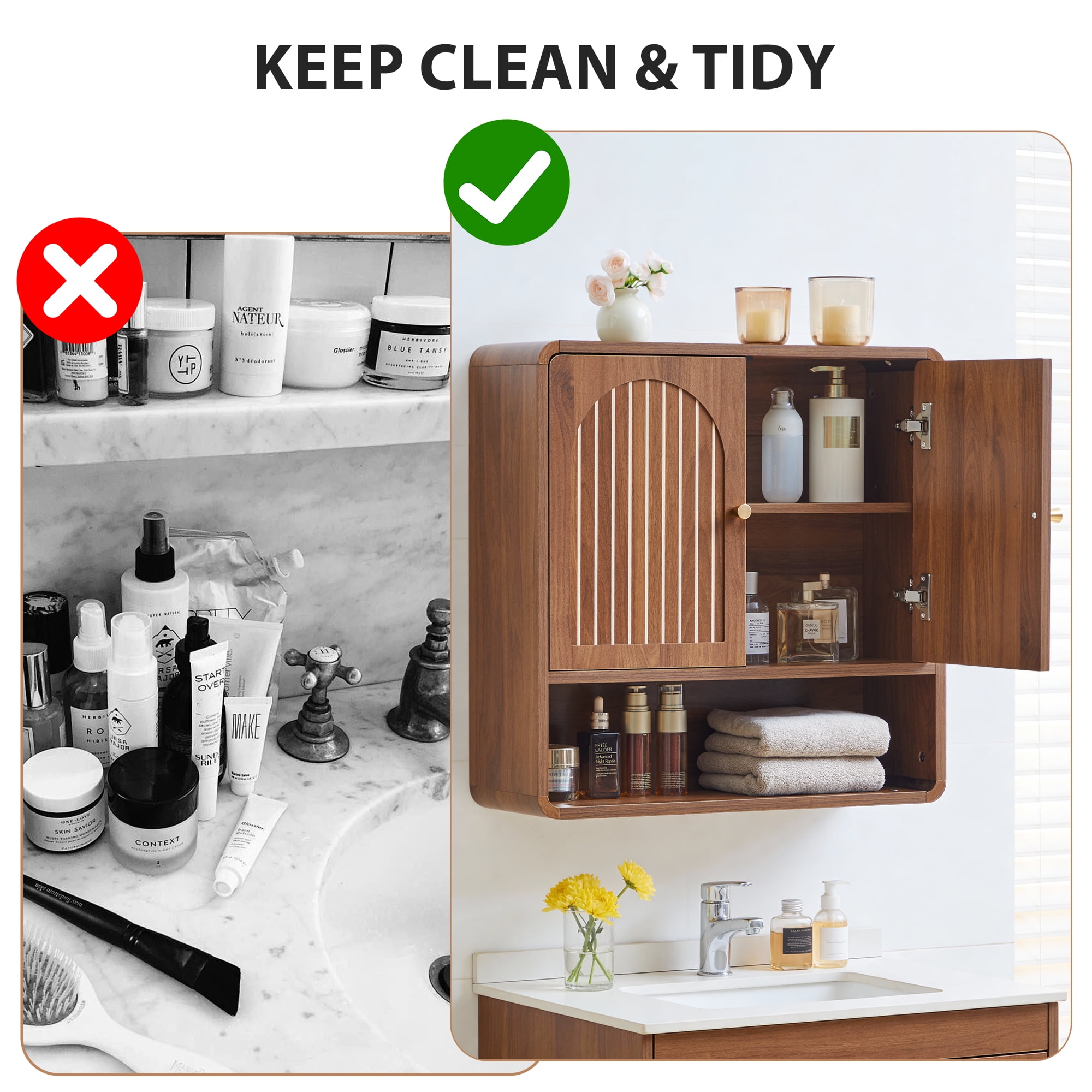 Wirrytor Fluted Wooden Medicine Cabinet Storage, Brown Bathroom Wall Cabinet with 2 Doors Adjustable Shelf and Towels Bar