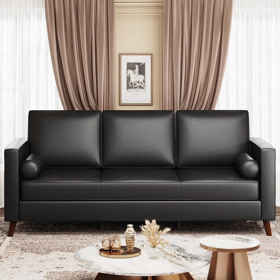 86" Faux Leather Sofa, Mid Century Modern Deep Seat Couch, Leather Couch with Upholstered Cushion&Removable Cover, 3 Seat Sofa for Living Room, Office, Black