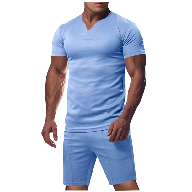 Pantalones de Cordón para Hombre Color Sólido Casual Ejercicio Bolsillo Pantalones Cortos Manga Corta V-Cuello Blusas Conjuntos