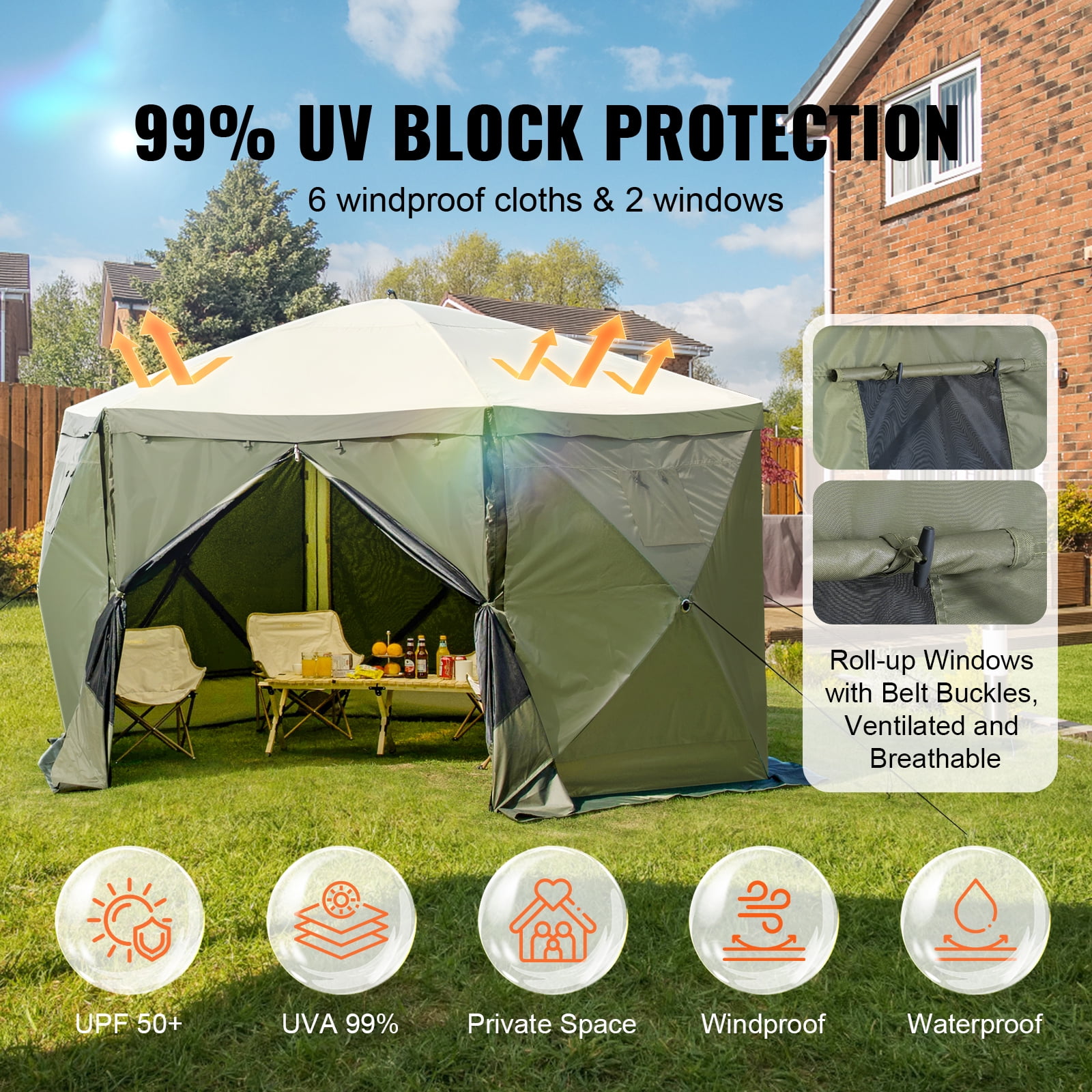 KFFKFF Pop-Up Canopy Tent, 6-Sided Screen Shelter with Detachable Wind Panels & Mesh Windows, 12x12FT Instant Screen House with Bug Netting, Army Green